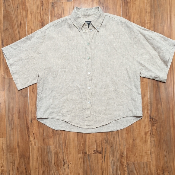 Boxy Button Up Tee Women's Small Natural Linen Oatmeal Polo Flowy Karen Kane - Picture 1 of 5